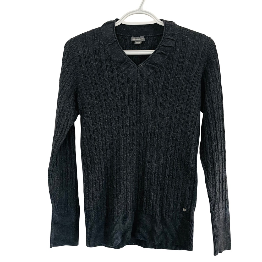 Vtg‎ Y2K Eddie Bauer Charcoal Grey Cable Knit V-Neck Sweater Cotton Small Bella
